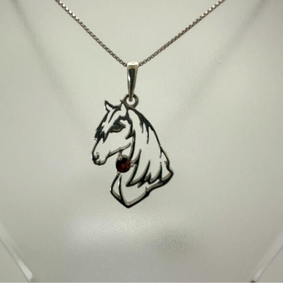 Sterling Silver Horse Pendant Necklace | 925 Italy Chain with Garnet Gemstone - Picture 5 of 16